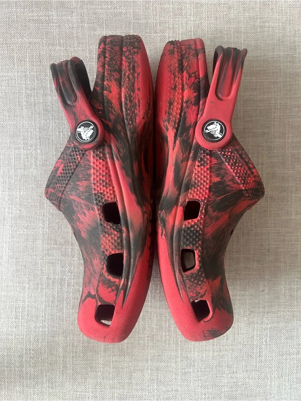 CROCS Red/Black Marble Clogs, boys/kids 3, outdoors, school playground, casual